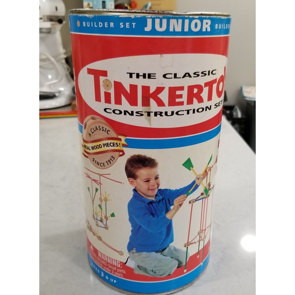 Vintage Tinkertoy set in original can 66 piece complete 2001 Hasbro